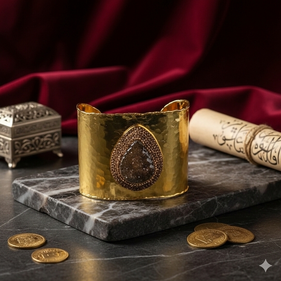 🆕Handcrafted Turkish Gold Wide Cuff Artisan Bracelet With Druzy Chalcedony Gem - Picture 6 of 15